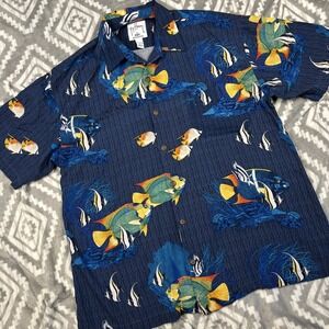 Guy Harvey AFTCO Shirt Hawaiian Men Large Blue Water Thang Fish Pocket Button Up